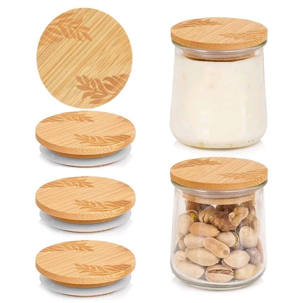 Yogurt Jar Lids Set Bamboo Wooden Silicone Seal Oui Yogurt Jars Fits 5 Oz Glass